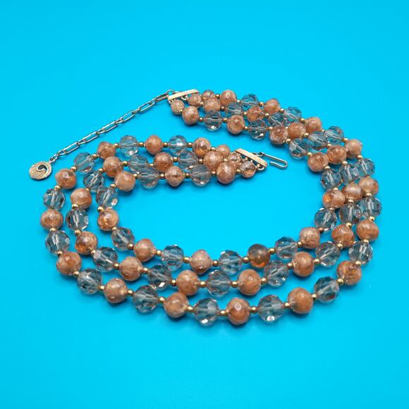 Vintage Lisner Topaz Beaded Necklace, 3 Strands, Crystal Lucite Beads, 17", 1950 - Picture 10 of 10